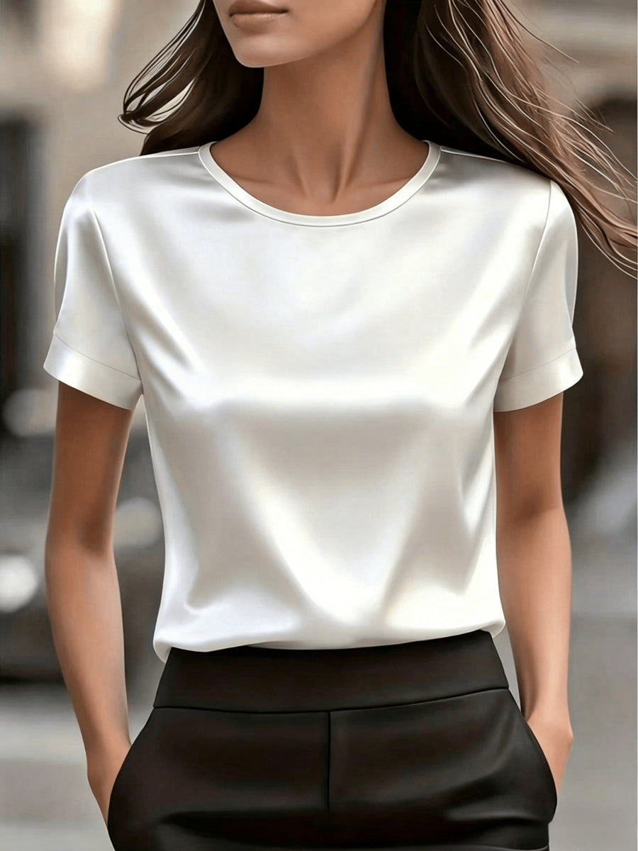 Women's Simple Round Neck Short Sleeve T-Shirt - Satin Texture, Ideal for Mother's Day & Independence Day Commute, Suitable for Spring & Summer Office & Casual Looks, Luxury Style Outfit - White