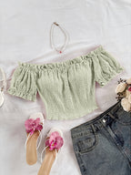 Women'S Bohemian Style Romantic Floral Vacation Style Floral Pattern Crop Off-Shoulder Top, Suitable for Daily Vacation Wear - Gray Green