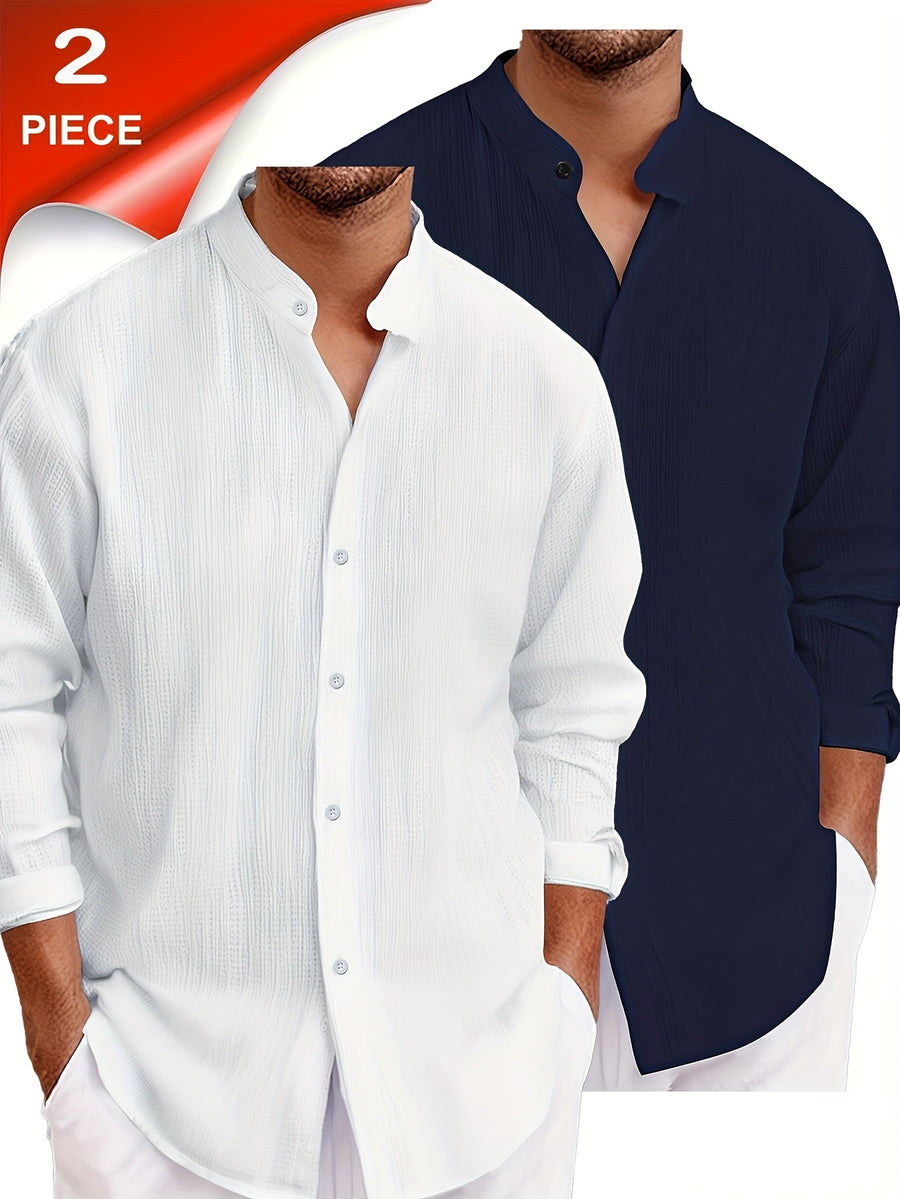 Pearson OBM 2pcs Men's Casual Fashion Simple Solid Color Textured Fabric Long-Sleeve Button-Up Shirt, Cool and Comfortable, Suitable for Daily Leisure and Outings, Essential for Spring and Autumn - White + Navy Blue Combination