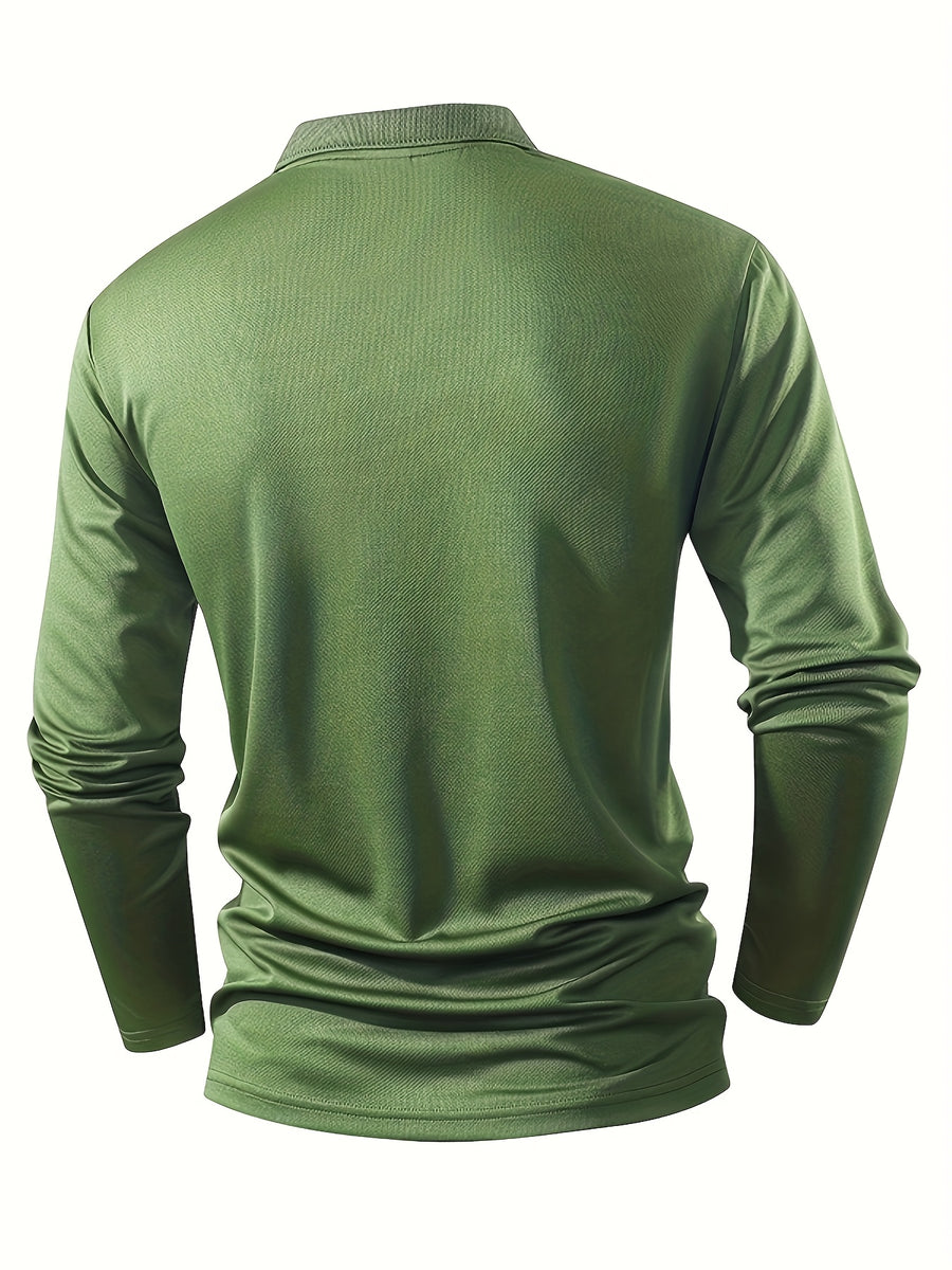 Spring And Autumn Explosive Value Three-Piece POLO Collar Long-Sleeved Top for Men, Stylish, Easy And Versatile, Solid Color Design, Multi-Color Optional Sports And Casual, Soft And Comfortable, Jumper, 220G/Square Meter Fabric Weight - Black/Navy/Green