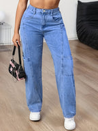Women'S New Trendy Patchwork Multi-Pocket Wide-Leg Casual Denim Long Pants - Medium Blue