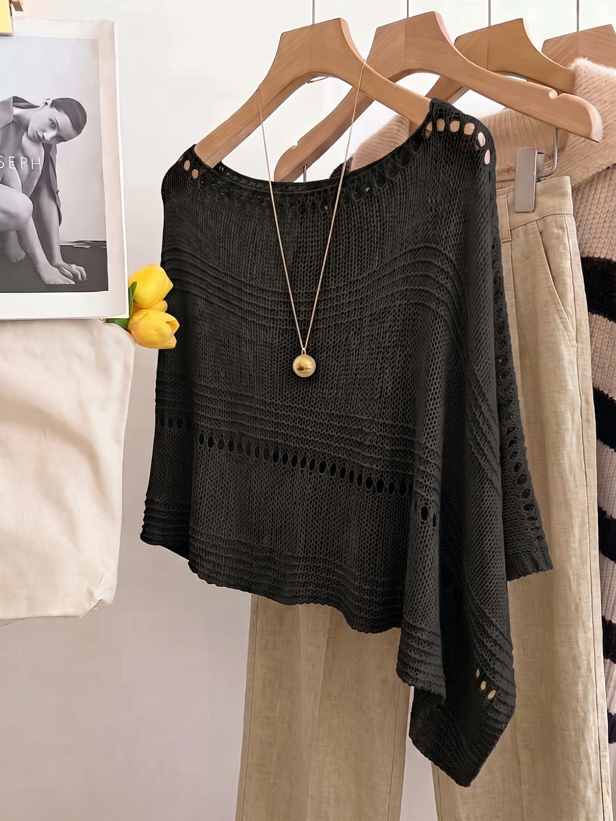 Women's Hollow-Out Cape Top, Boat Neck Irregular Hem Summer Beach Cover-Up, Seaside Bohemian Vacation Style Casual Top, Lightweight Breathable Loose Knitwear, Mesh Detail Horizontal Stripes, Relaxed Layering Style, Suitable for Holidays, Daily Wear - Black
