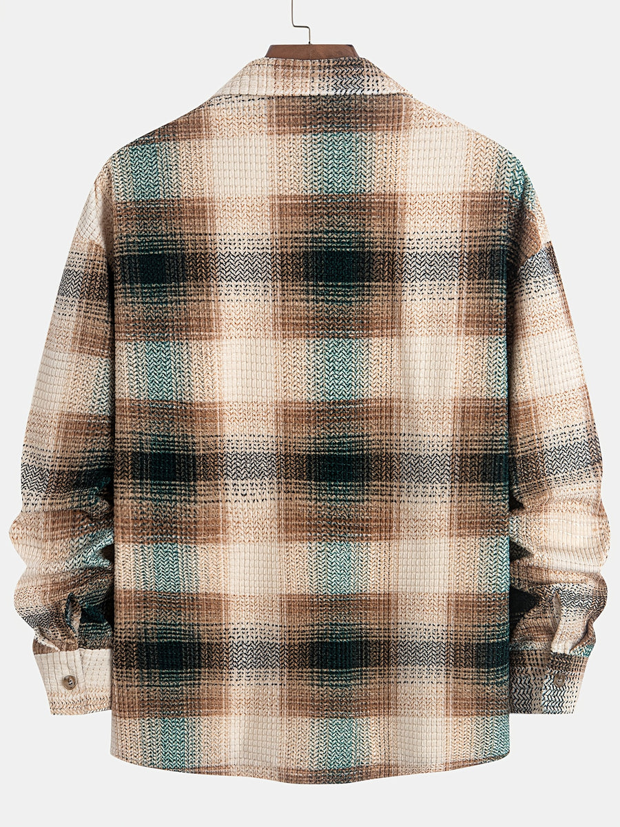 Men's Fashionable Casual Plaid Shirt, Long-sleeved for Spring and Autumn Wear, Suitable for Daily Commutes to Work and Beach Vacations - Apricot