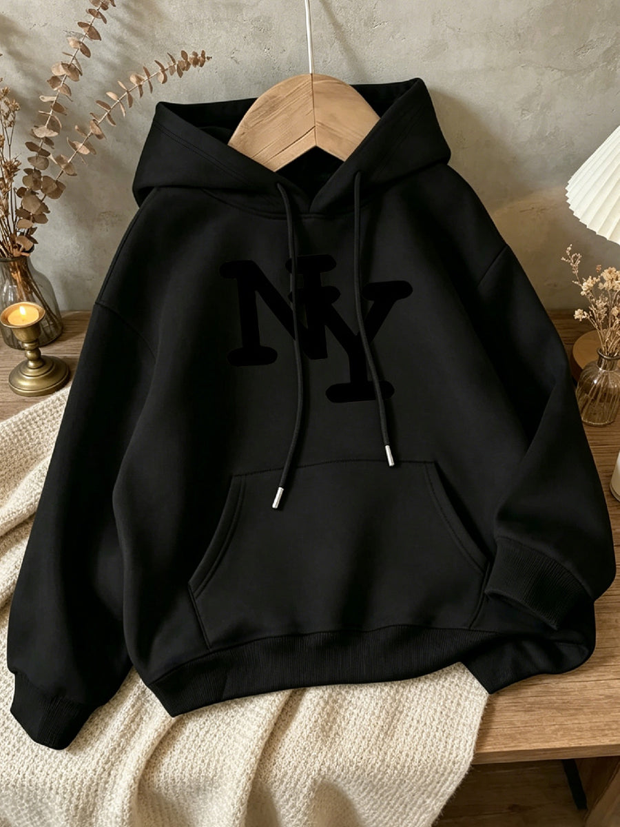 Single Hooded Sweatshirt, Autumn Winter Style, Print Craft Pattern, NY Retro Lettering - Black