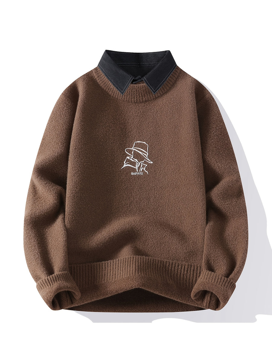 New Autumn And Winter Styles for Young Men'S Lapel Fake Two-Piece Knitted Sweater, Warm Sweater, Fashionable, Casual And Versatile - Coffee Color