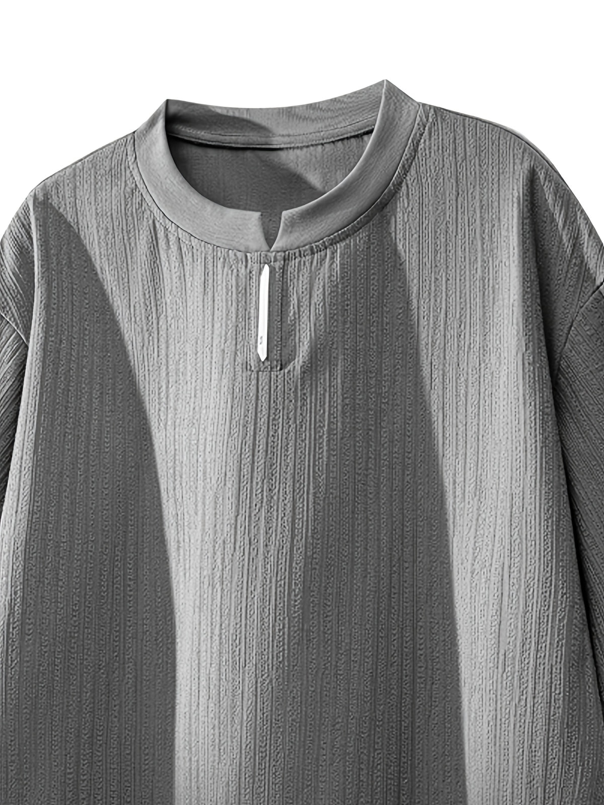Men's Summer Split Neck T-Shirt Loose Drop Shoulder Design Versatile Minimalist Premium Daily Trendy Top - Grey