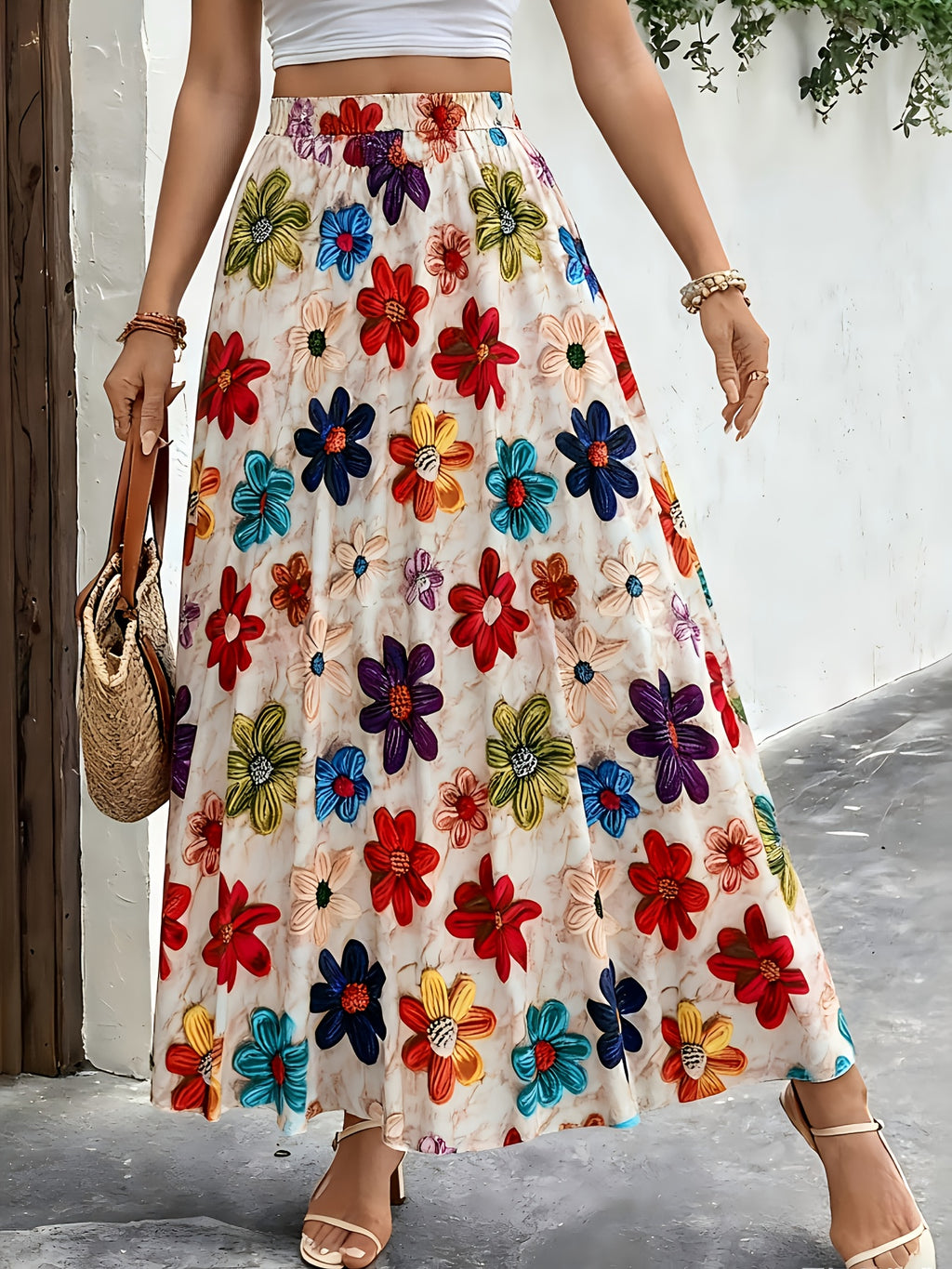Women'S Elegant Floral Print Midi Skirt - Vibrant Multicolor Floral Pattern with Elastic Waistband, All-Season Versatile Casual to Formal Wear, Floral Print Skirt, Seasonal Fashion, Stylish Design, Fashion Lovers - Multicolor