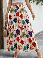 Women'S Elegant Floral Print Midi Skirt - Vibrant Multicolor Floral Pattern with Elastic Waistband, All-Season Versatile Casual to Formal Wear, Floral Print Skirt, Seasonal Fashion, Stylish Design, Fashion Lovers - Multicolor