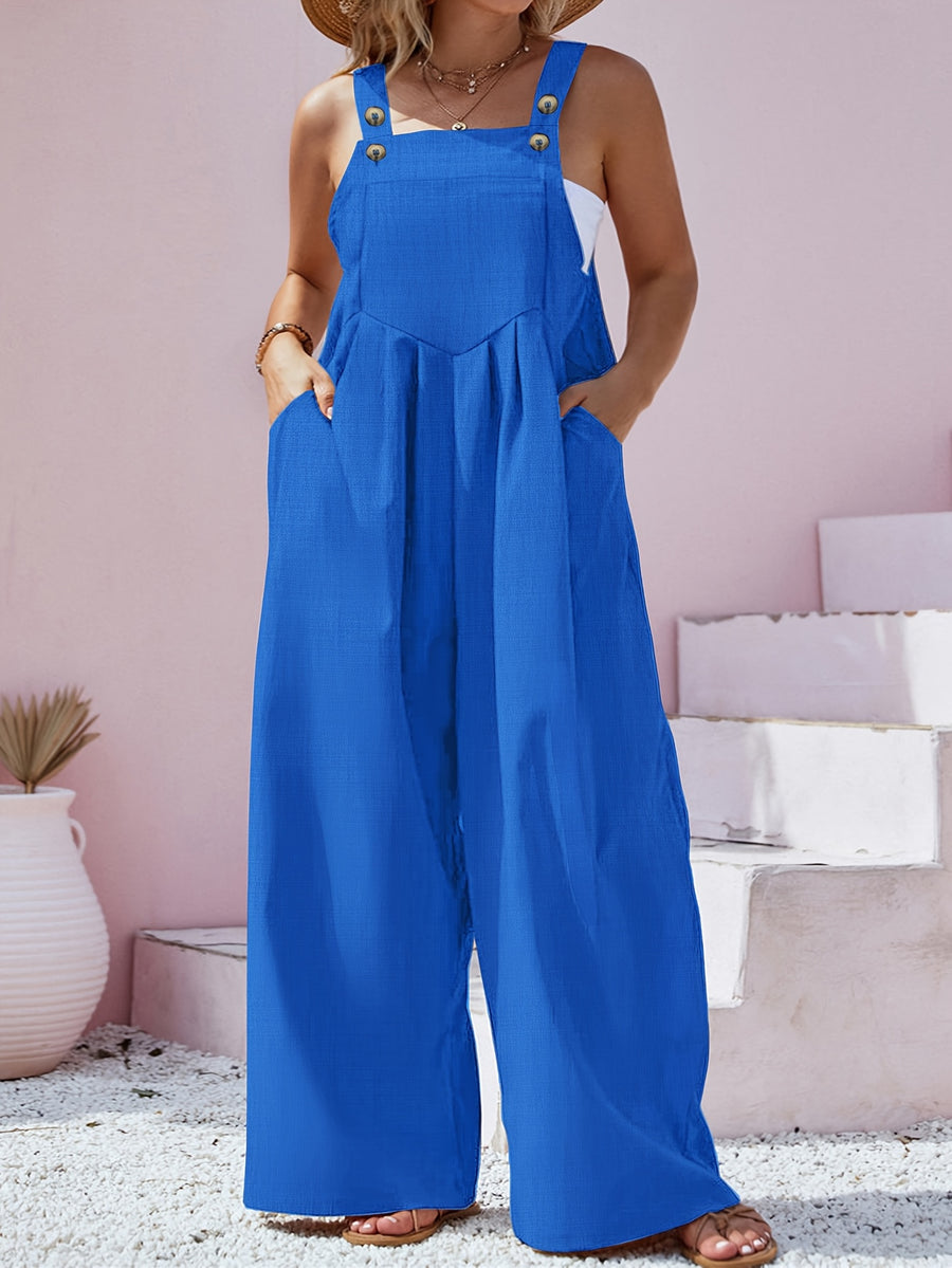 Plus Size - Spring Summer Women'S Plus Size Solid Color Button Bib Jumpsuit - Comfortable Casual Homewear (Front Length with Straps, Measure After Fastening Last Button) - Blue