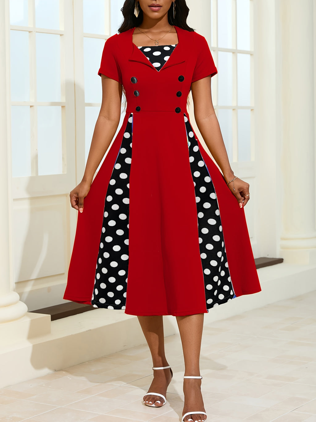 Vintage Women'S Red Black Polka Dot Patchwork Dress, Double-Breasted Short Sleeve Flared Midi Skirt, Suitable for Commuting, Dates, Banquets, Daily Outings, Parties, And Gathering Dresses - Red