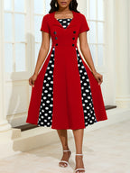 Vintage Women'S Red Black Polka Dot Patchwork Dress, Double-Breasted Short Sleeve Flared Midi Skirt, Suitable for Commuting, Dates, Banquets, Daily Outings, Parties, And Gathering Dresses - Red