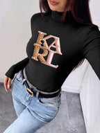 Women's New Autumn/Winter Half-Turtleneck Slim-Fit Top, Can Be Worn as an Inner or Outer Layer, Stretchy Fabric, Soft, Skin-Friendly, and Warm, Simple Waist-Cinching Design, Versatile for Daily Wear "leopard Pink Pearls Glamour Letters - Black