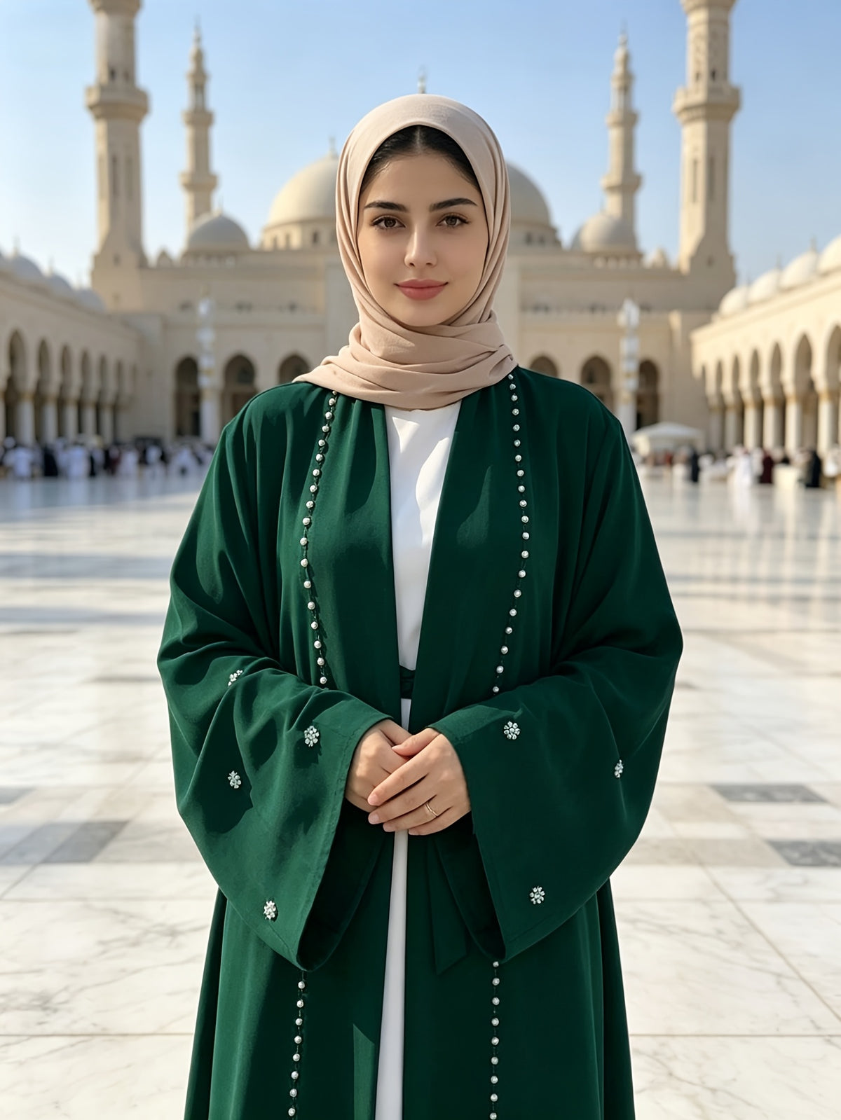 1pc Fashionable, Elegant And Casual, This Pearl-Studded Solid-Colored Abaya Cardigan Is Perfect for Everyday Wear. It Is Loose And Comfortable for Women. Muslim Women Clothes Abayas for Women Muslim Long Frocks for Women Jebba Tunisienne Femme - Dark Green