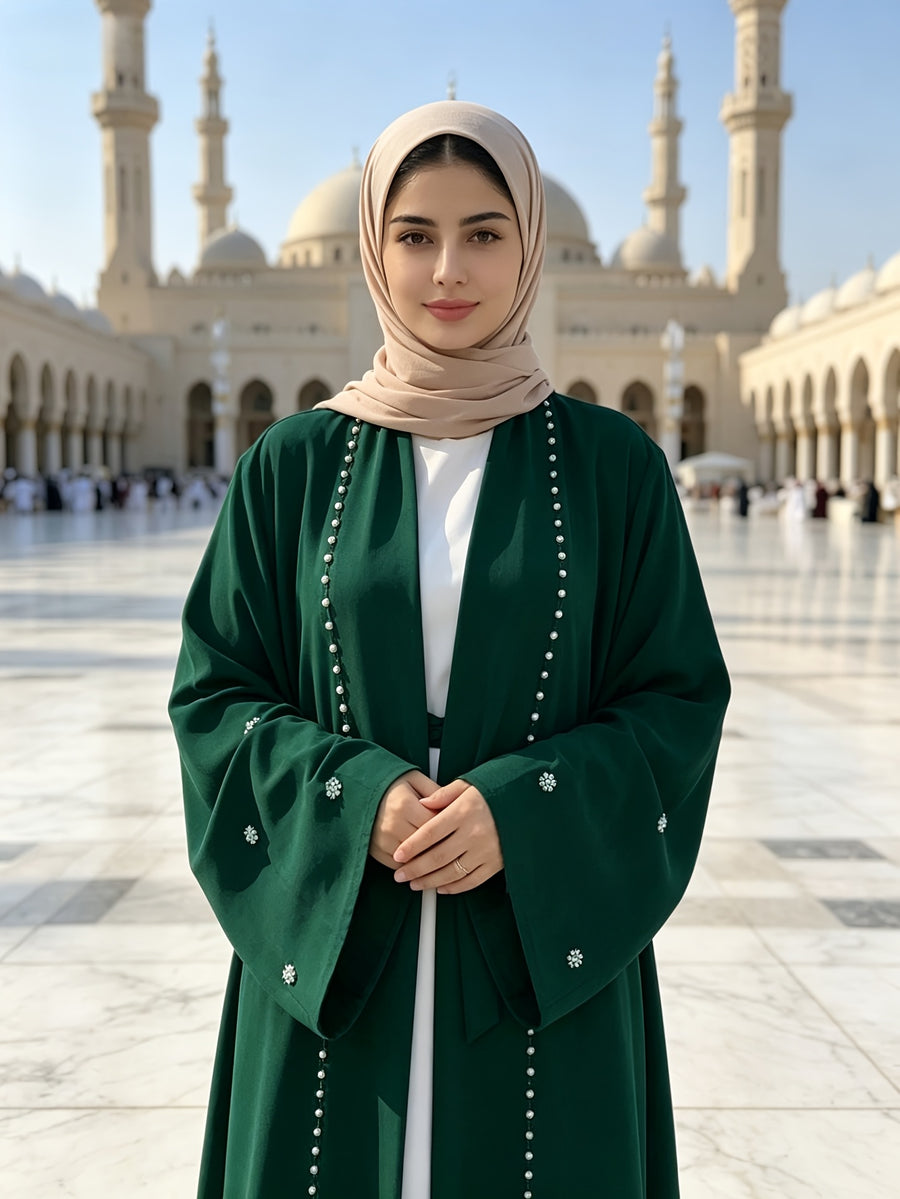 1pc Fashionable, Elegant And Casual, This Pearl-Studded Solid-Colored Abaya Cardigan Is Perfect for Everyday Wear. It Is Loose And Comfortable for Women. Muslim Women Clothes Abayas for Women Muslim Long Frocks for Women Jebba Tunisienne Femme - Dark Green