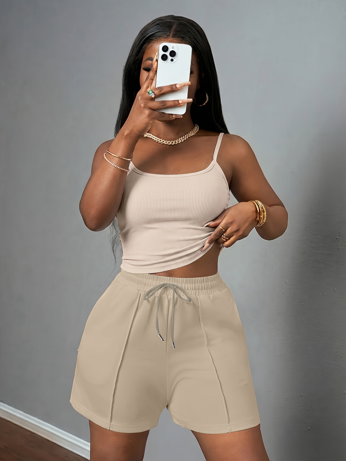 Women'S New Casual Camisole Knit Elastic Vest And Striped Textured Shorts 2pcs Set - Apricot