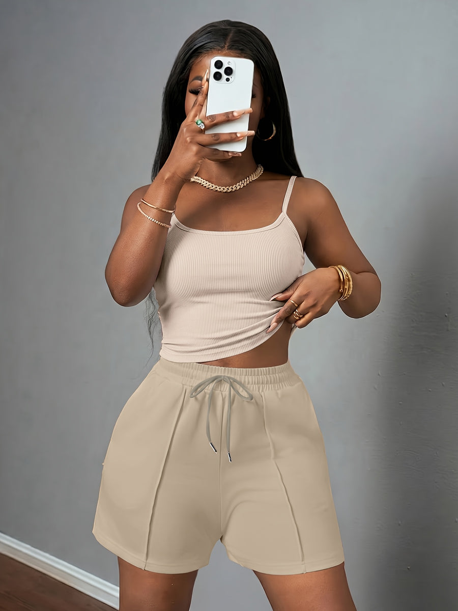 Women'S New Casual Camisole Knit Elastic Vest And Striped Textured Shorts 2pcs Set - Apricot