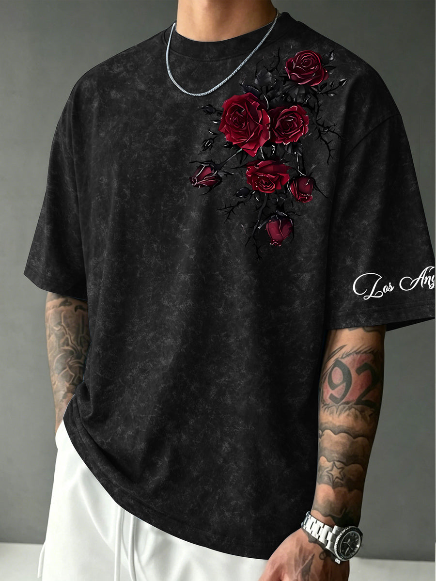 Men's Vintage Distressed Dark Red Thorn Rose Print T-Shirt - Streetwear Crew Neck Short Sleeve Top with Suitable for Casual Summer Wear, Machine Washable Regular Fit Gothic Rose for Layering & Everyday Outfits - Black