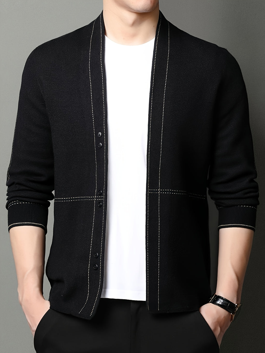 [Qiaoximei Obm] Men'S Knitted Cardigan Spring And Autumn Middle-Aged Striped Velvet Cardigan Jacket Men'S Business Casual Long-Sleeved Knitwear - Black