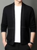 [Qiaoximei Obm] Men'S Knitted Cardigan Spring And Autumn Middle-Aged Striped Velvet Cardigan Jacket Men'S Business Casual Long-Sleeved Knitwear - Black