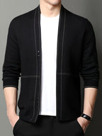 [Qiaoximei Obm] Men'S Knitted Cardigan Spring And Autumn Middle-Aged Striped Velvet Cardigan Jacket Men'S Business Casual Long-Sleeved Knitwear - Black