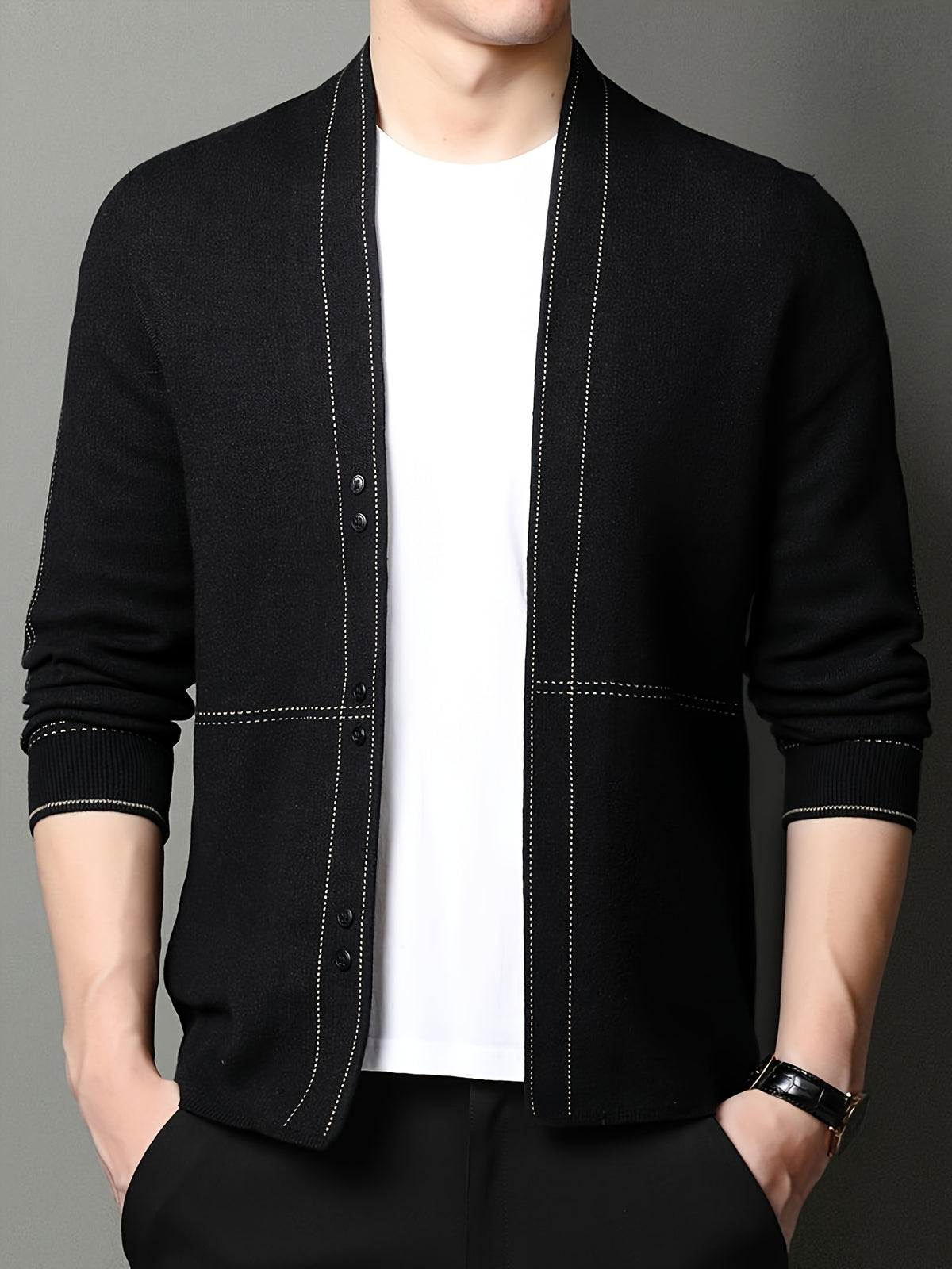 [Qiaoximei Obm] Men'S Knitted Cardigan Spring And Autumn Middle-Aged Striped Velvet Cardigan Jacket Men'S Business Casual Long-Sleeved Knitwear - Black
