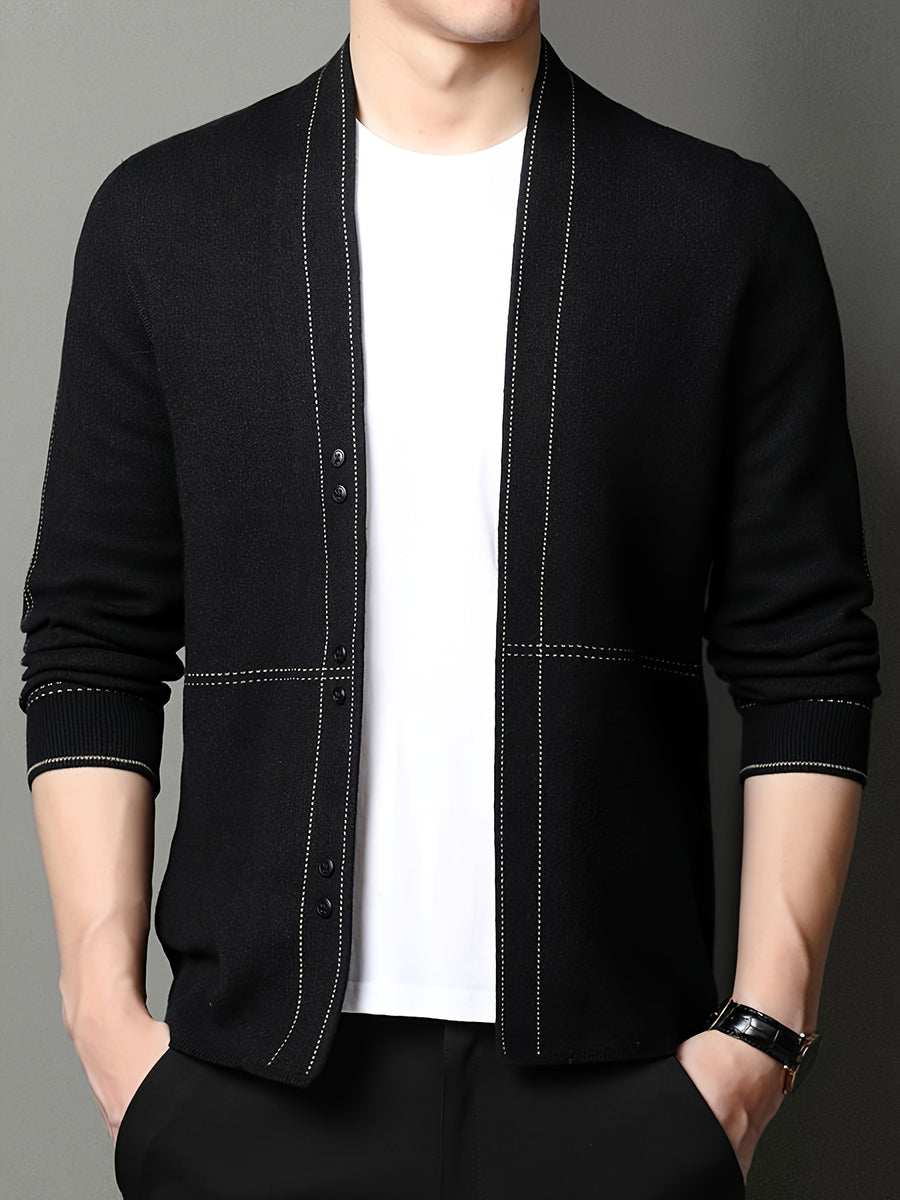 [Qiaoximei Obm] Men'S Knitted Cardigan Spring And Autumn Middle-Aged Striped Velvet Cardigan Jacket Men'S Business Casual Long-Sleeved Knitwear - Black