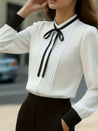 Ladies' Solid Color Pleated Bow Elegant Fashion Long Sleeve Shirt Top - White