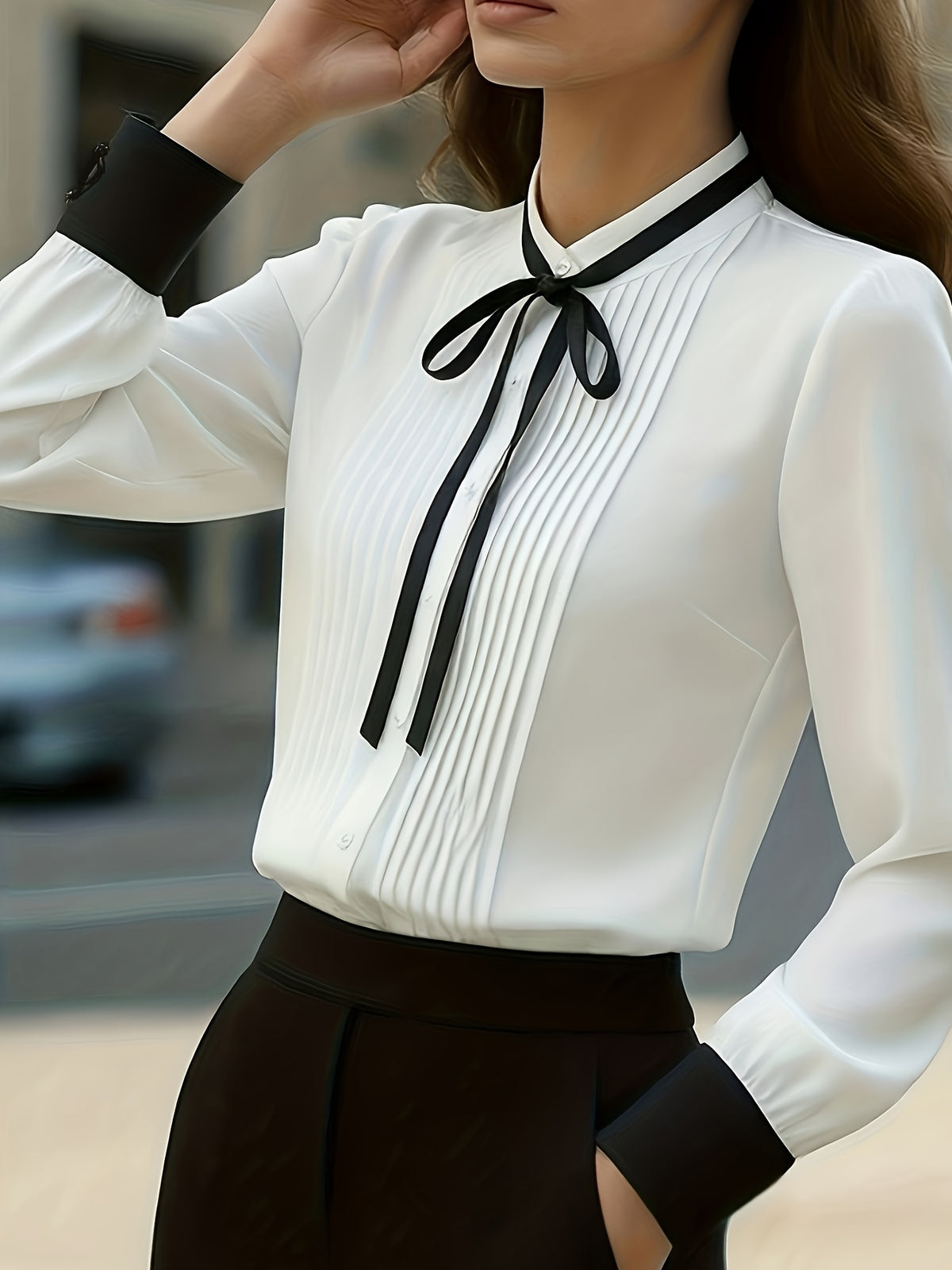 Ladies' Solid Color Pleated Bow Elegant Fashion Long Sleeve Shirt Top - White