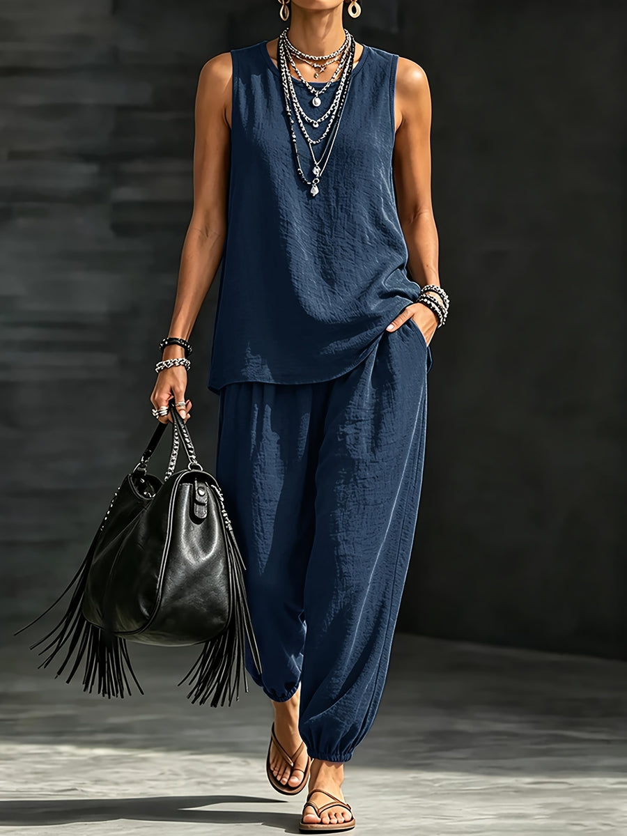 Women's Casual Vacation Solid Color 2pcs Set: Round Neck Top + Loose Fit Cuffed Pants - Navy Color