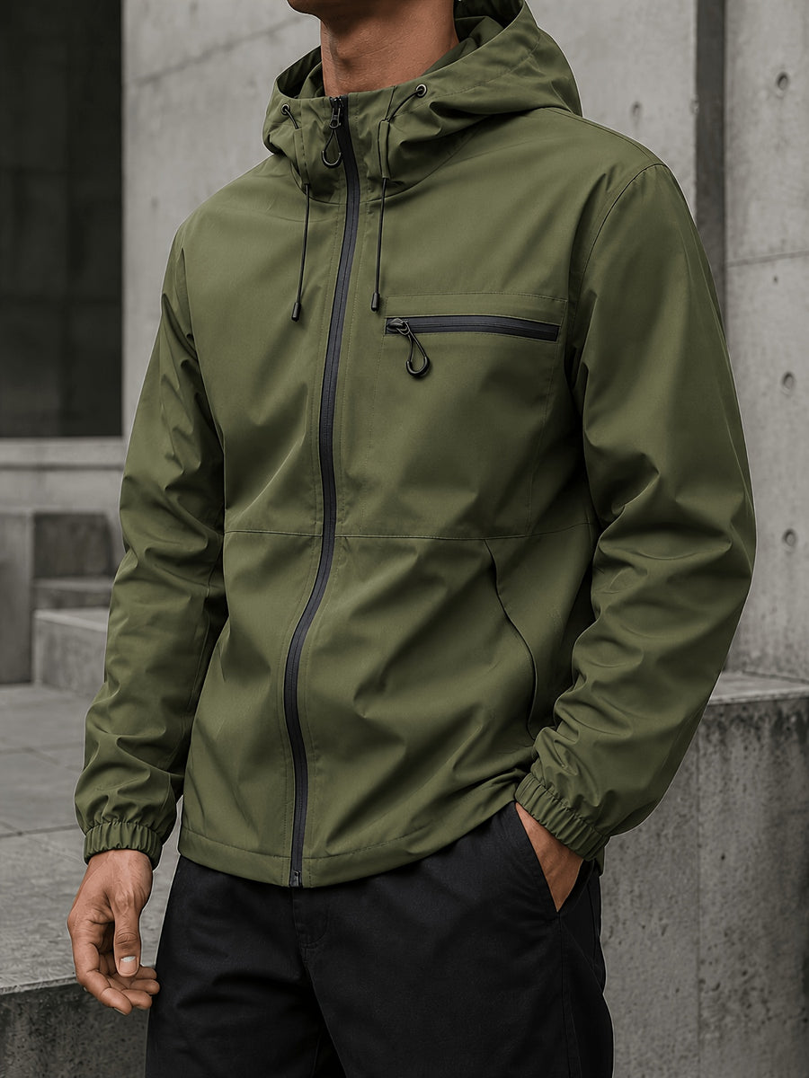 Men's Hooded Functional Jacket, Outdoor Casual Windproof Outerwear, Stand Collar Zipper Multi-Pocket Top, Spring/Autumn Urban Commuting Sports Jacket - fern green