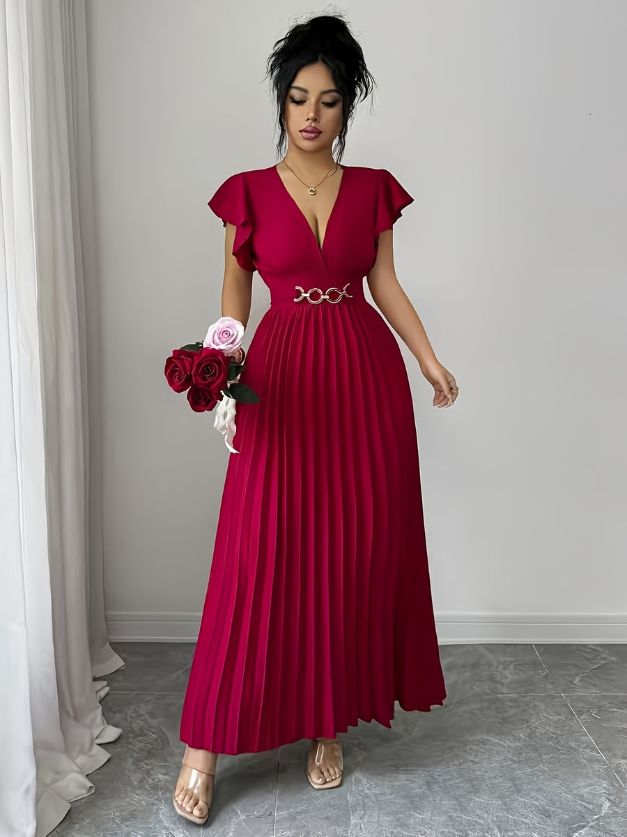 Spring Summer New Elegant Women'S Slim V-Neck Dress with Ruched Craft And Flared Skirt, Ruffled And Flounce Sleeves, Valentine'S Day Party Dress, Commute Fashion Skirt - Deep Red