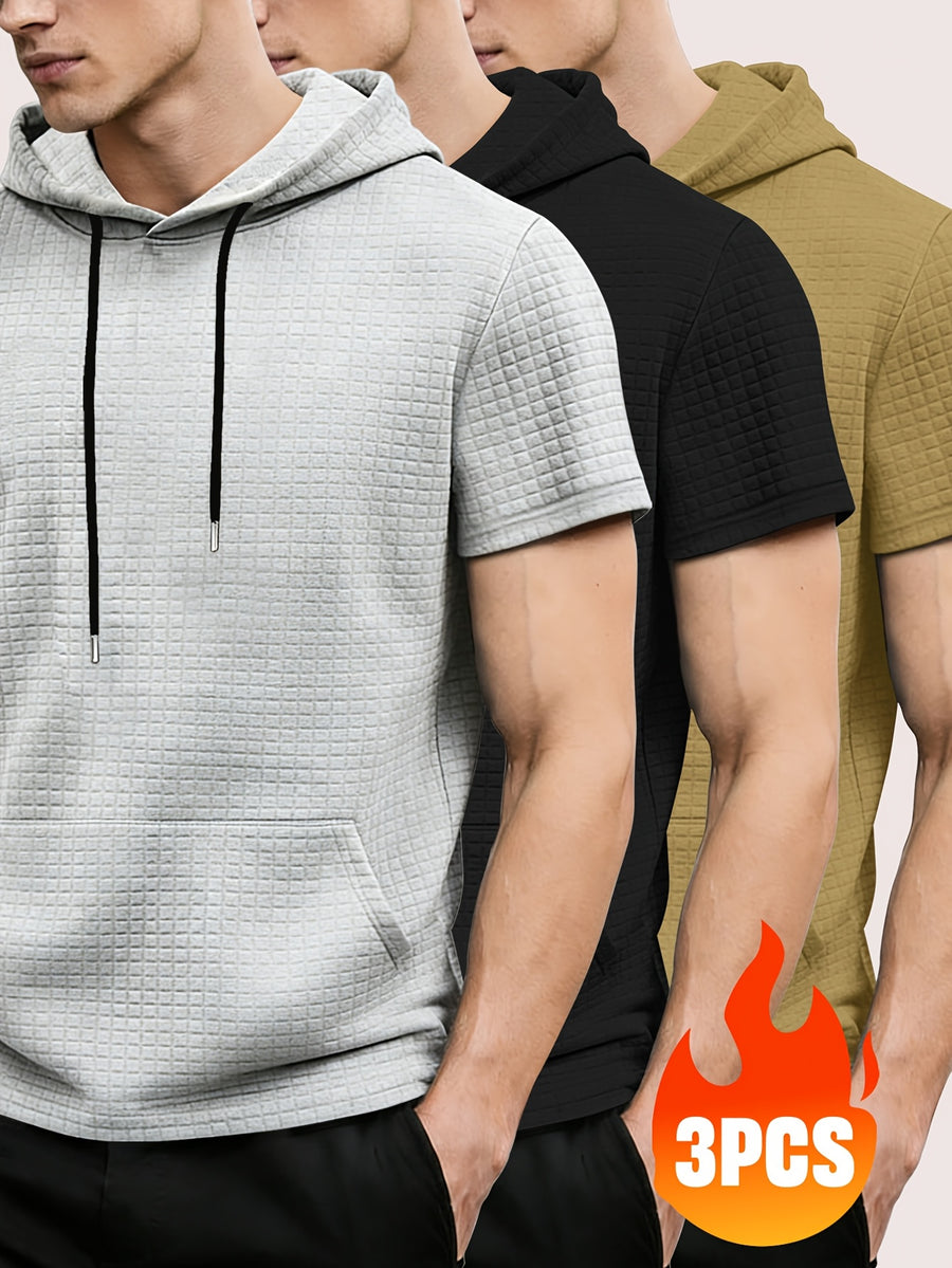 3pcs Men's Waffle Knit Short Sleeve Hoodie with Kangaroo Pocket, Soft and Breathable Fabric, Multiple Color Options, Versatile for Daily Wear, Simple and Stylish Casual Sportswear, Suitable as Matching Family Outfits, Great Choice for Gifts - Gray+black+khaki