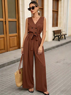 Women'S Solid Color Elegant Waist Tie Jumpsuit - Light Brown-1