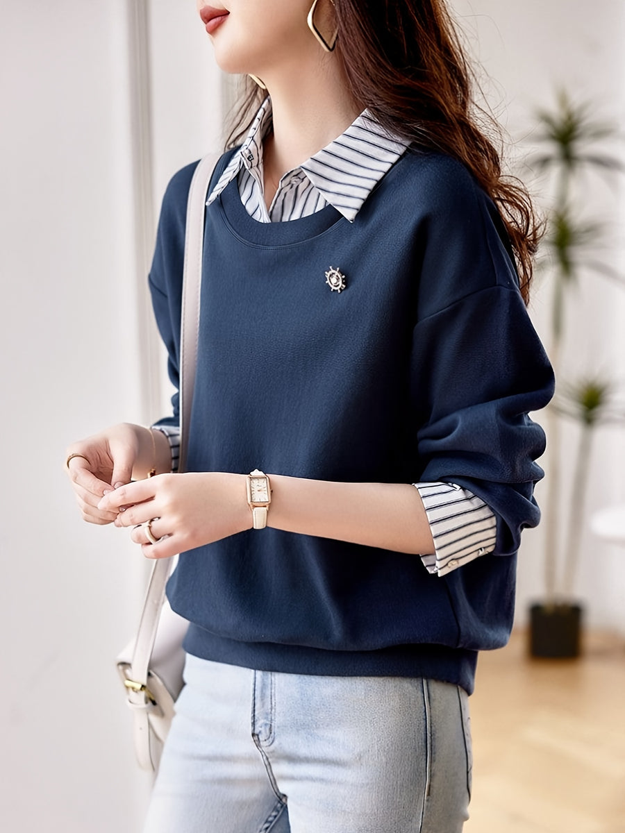 Women'S Fall Winter Casual Comfortable Fashion Long Sleeve Collared Striped Collar Polo Shirt - Navy Color