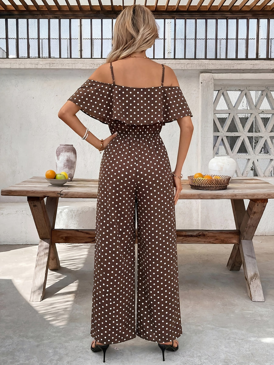 Women'S Polka Dot Ruffled Hem Waist-Cinching Loose Jumpsuit - Mixed colors
