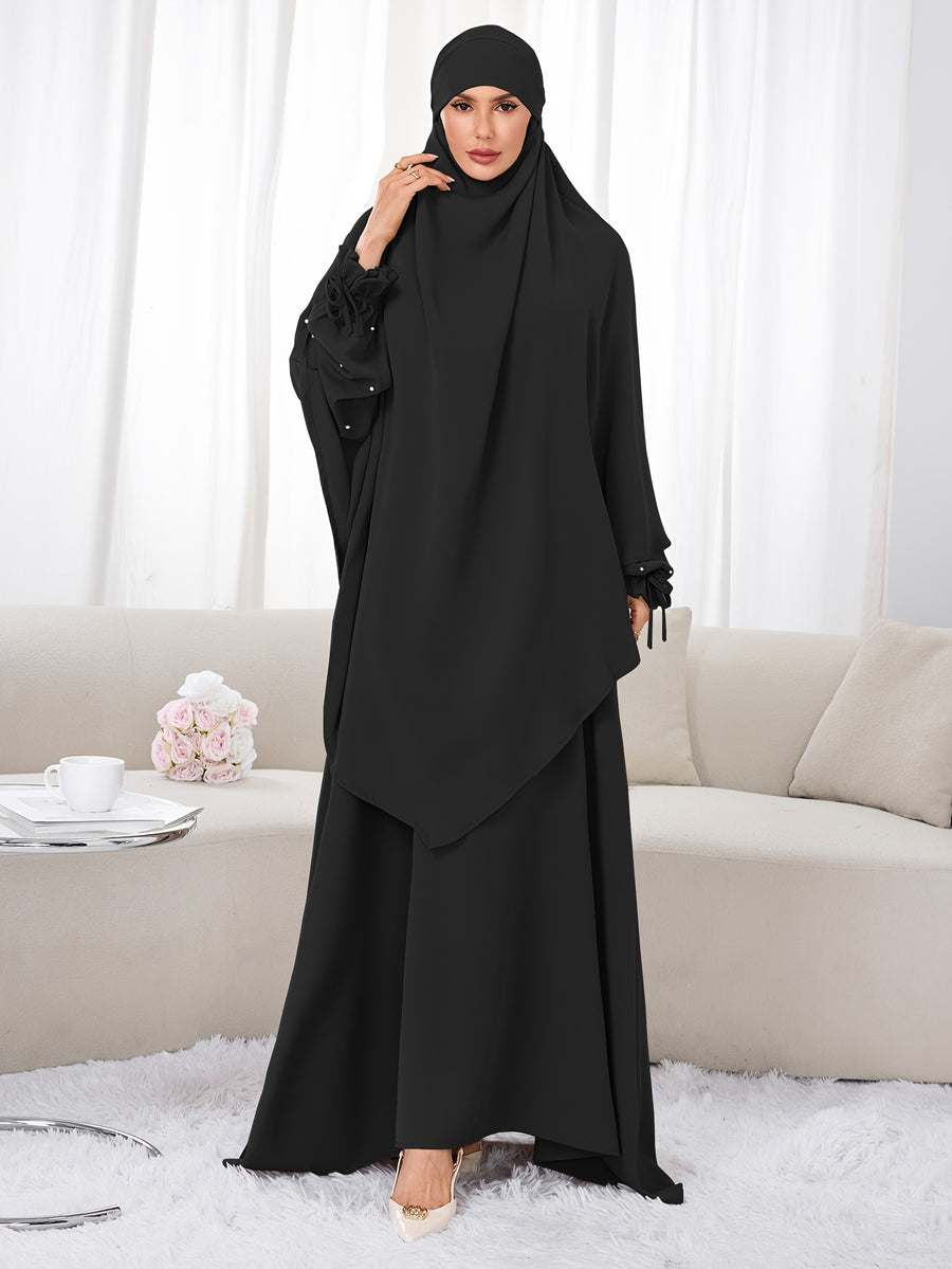 Women's 2pcs Modest Islamic Abaya & Khimar Suit - Elegant Full Coverage Prayer Dress with Headscarf, Pure Color Muslim Dress Suitable for Daily Wear, Hajj, Ramadan, Travel - Abaya Robe for Muslim Women - Black