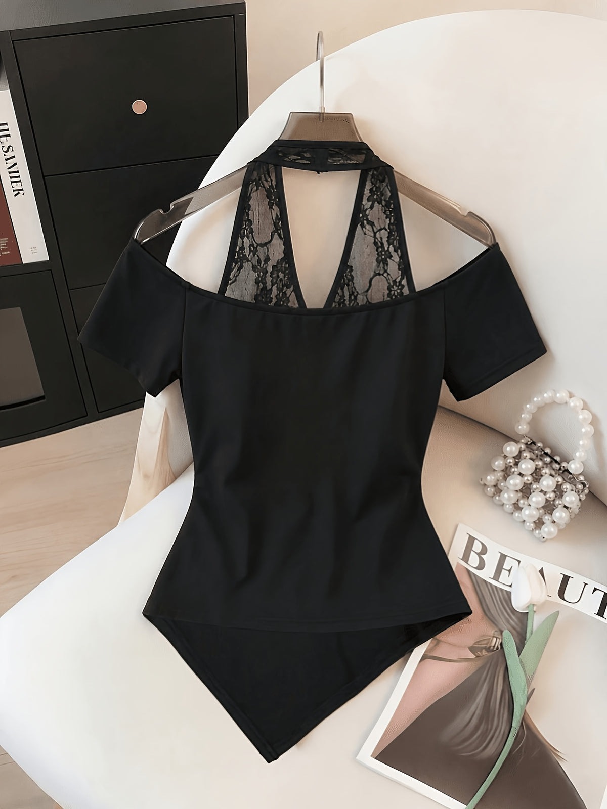 New Summer 2026 Black Lace Off-Shoulder Cinched Waist Top, Lace-Trimmed Spaghetti Straps + Off-Shoulder Short Sleeves + Asymmetrical Hem Slim-Fit Waist-Cinching T-Shirt, Elegant and Sexy Style, Suitable for Dates, Parties, Light Business, and Daily - Black
