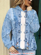 Denim Printed Hooded Sweatshirt - Blue