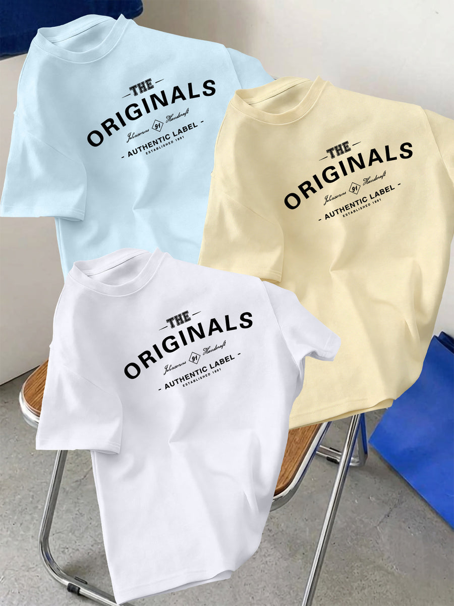 3pcs Set Men's Pure Cotton Short-Sleeve Crew Neck T-Shirt with Letter Print Pattern, Casual, Comfortable, Soft, Breathable, Essential for Summer - White + Apricot + Light Blue