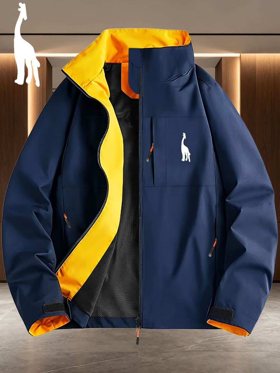 Giraffe Silhouette Navy Lining White Full-Zip Stand Collar Windproof Jacket, Men Women Spring Autumn Multi-Pocket Fresh Casual Outdoor Fleece Coat - Navy Color