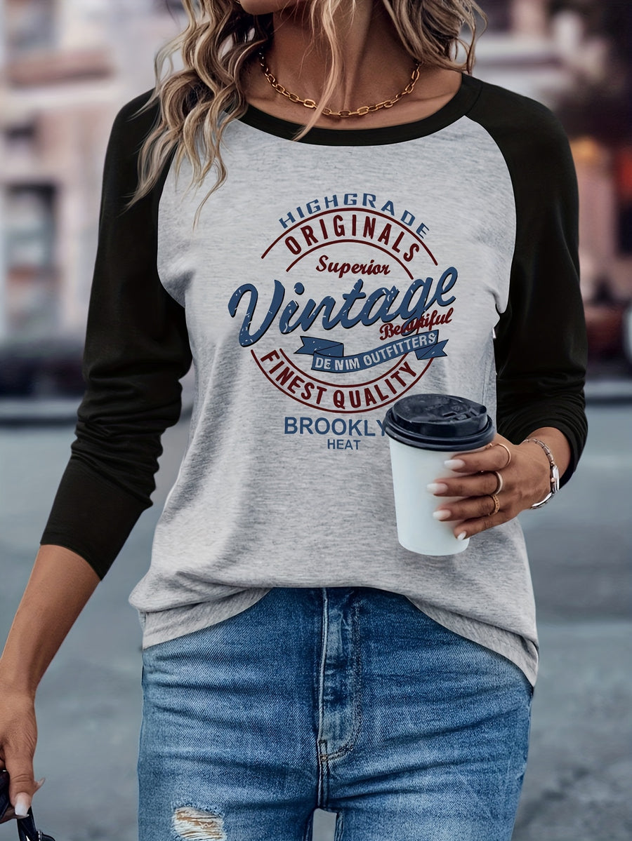 Brooklyn Vintage Pattern Design European and American Style Women's Daily Versatile Comfortable Casual Color-Blocked Crew Neck Raglan Long Sleeve T-Shirt - Light Gray Black