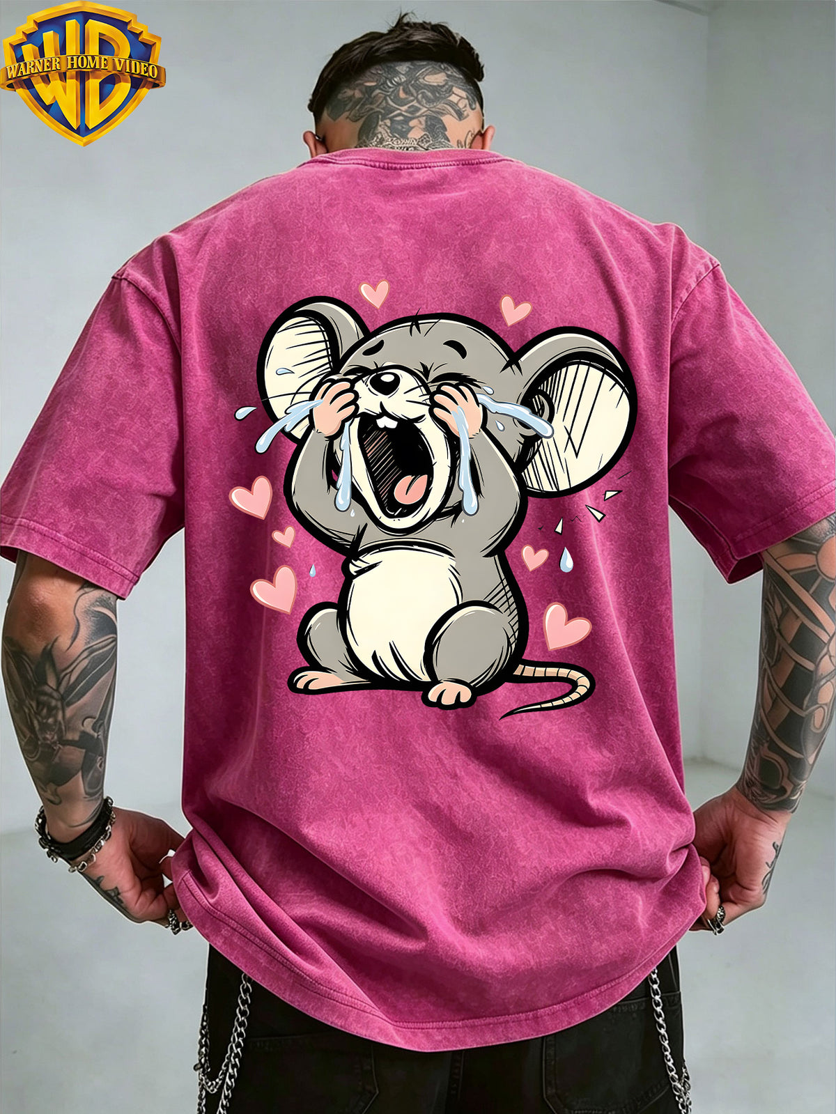 Warner Bros. Officially Authorizes Crying on the Floor with Floating Love Print  Washed Outdated Short Sleeve T-shirt for Men and Women, Machine Washable Daily Commuter Outdoor Sports and Leisure Top - Rose Red
