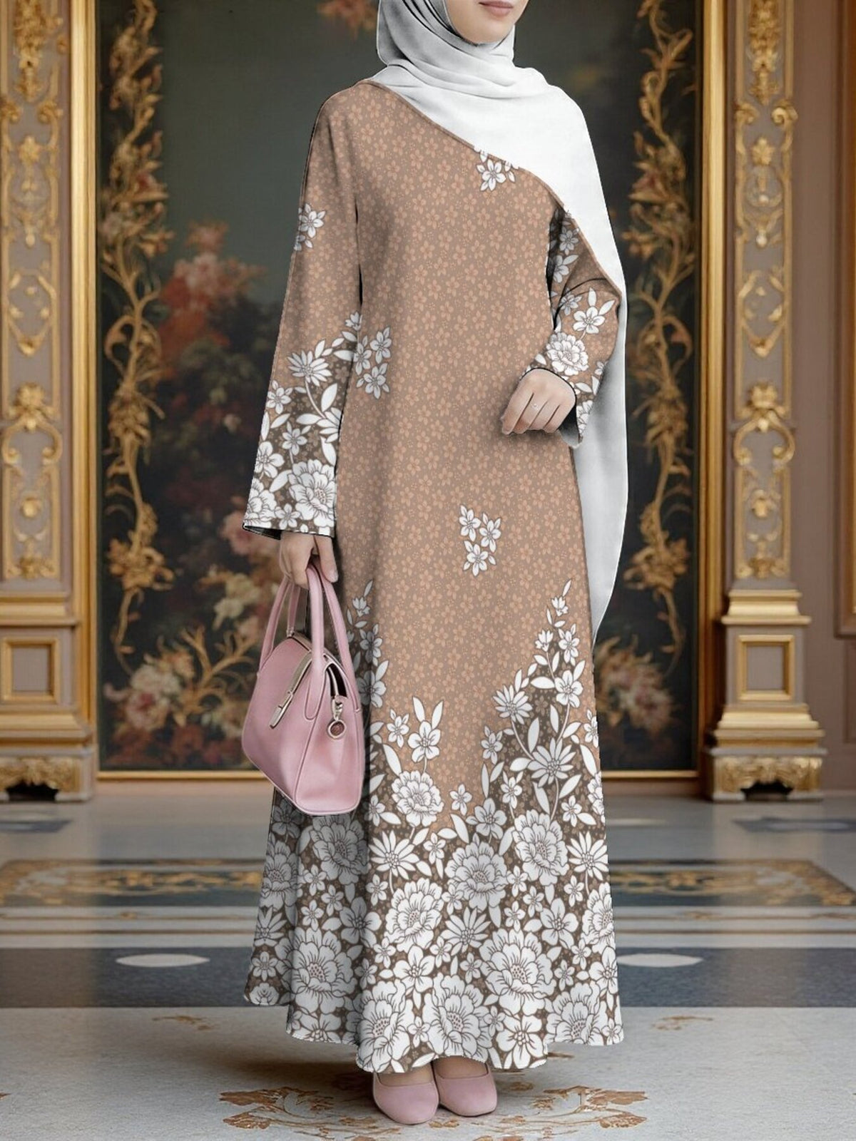 Women's Middle Eastern Style Muslim Elegant Robe, Coffee-Colored Long Robe with Large Floral Print, Loose-Fitting Long Sleeve Conservative Maxi Dress, for Daily Outings and Prayer Wear, Comfortable and Skin-Friendly Non-Embroidered Craftsmanship - Mixed colors