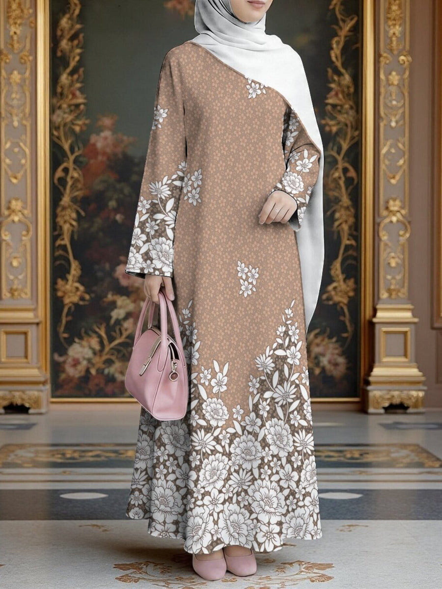 Women's Middle Eastern Style Muslim Elegant Robe, Coffee-Colored Long Robe with Large Floral Print, Loose-Fitting Long Sleeve Conservative Maxi Dress, for Daily Outings and Prayer Wear, Comfortable and Skin-Friendly Non-Embroidered Craftsmanship - Mixed colors
