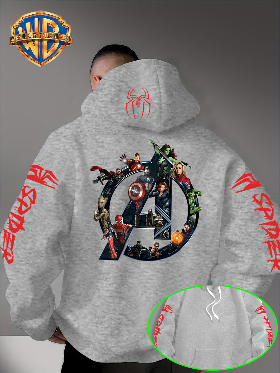 Men'S Trendy Fall Hoodie, American Superhero Collection Print Hooded Sweatshirt, Unisex Loose Street Style Casual Top. Casual Daily Style with Drawstring Design, Long Sleeve Knit Sweater, Machine Washable, Perfect for Casual, Athletic - Grey