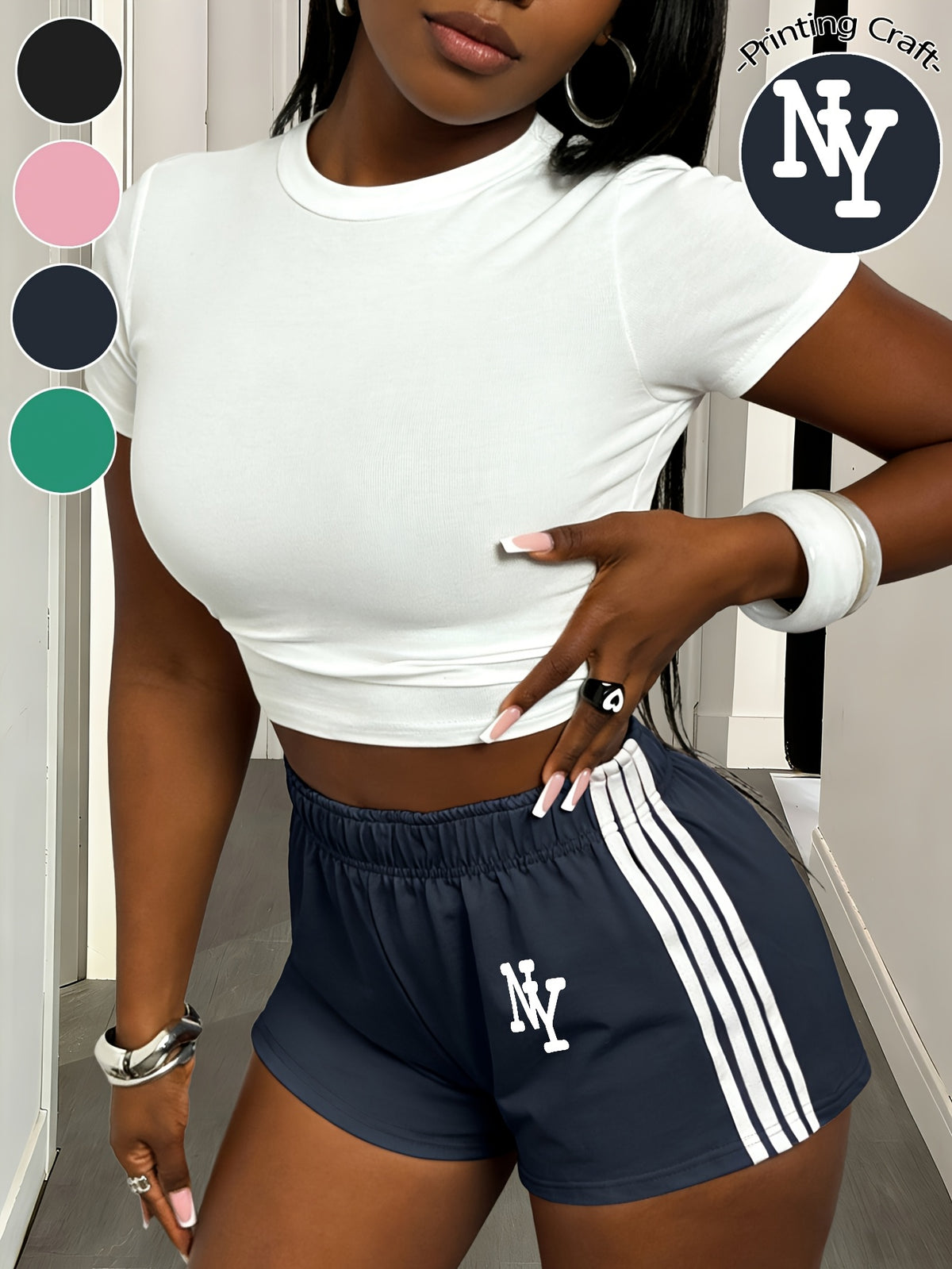 Summer Elegant Women'S Color-Blocked Striped Shorts, with Side Striped Design, Elastic Waistband, Letter NY Pattern Print - Casual Loose Fit Shorts - Summer, Easy Classic Design with Elastic Waistband, American Casual Style - Blue