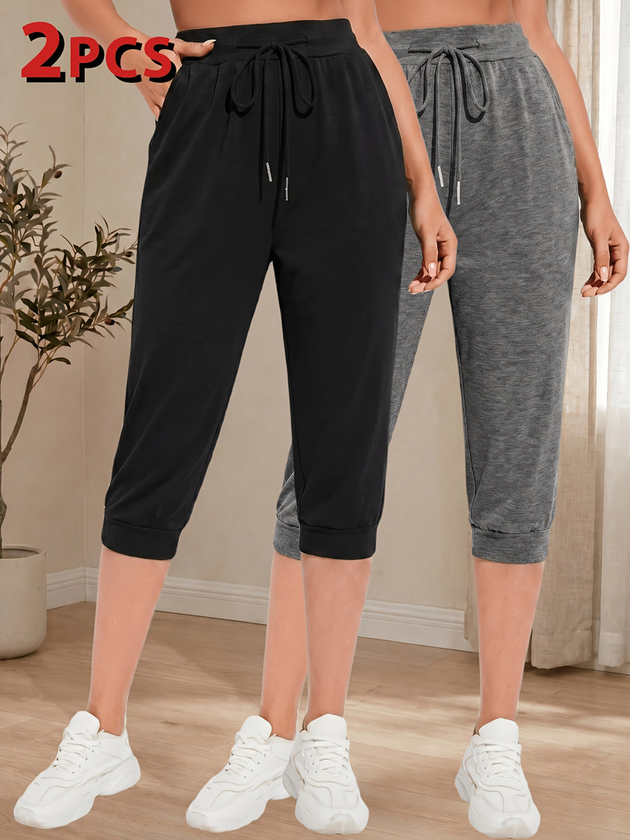 Women's Two-Pack Cropped Solid Color Jogger Sweatpants, High-Waisted Loose Fit with Drawstring Cuffs and Pockets, Casual Trousers - Black+Dark Grey