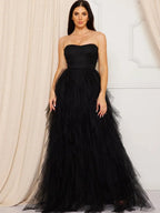 A Strapless Wedding Dress with Layered Ruffled Tulle Skirt And High Slit Hem - Perfect for Classic Weddings, Graduations, Evening Parties, Birthdays, And Other Occasions for Women, As Well As for Brides - Black