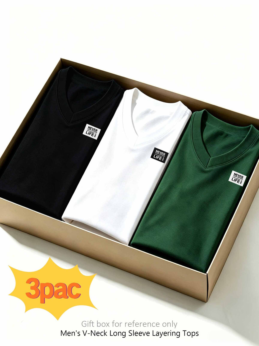 100%, 3pcs Men'S V-Neck Long Sleeve Chokers T-Shirts, Men'S Knit Sweatshirt, New Casual Athletic Ribbed Collar Top - Black+white+dark Green