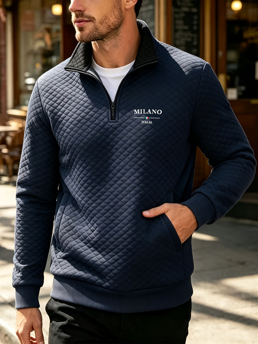 BOWZ Men's Lapel Sweatshirt, Autumn/Winter Men's Half-Zip Polo Sweatshirt, American-Style Henry Shirt Color-Block Sweatshirt, Trendy and Versatile, Warm and Breathable, with Zipper and Pocket Design, Suitable for Outdoor Sports and Casual Home Wear - Navy Color